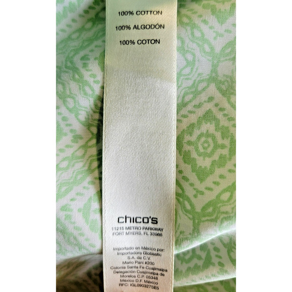 Chico’s Women's 3 No Iron 100% Cotton Blouse Light Green Diamond Pattern Spring - Picture 11 of 12
